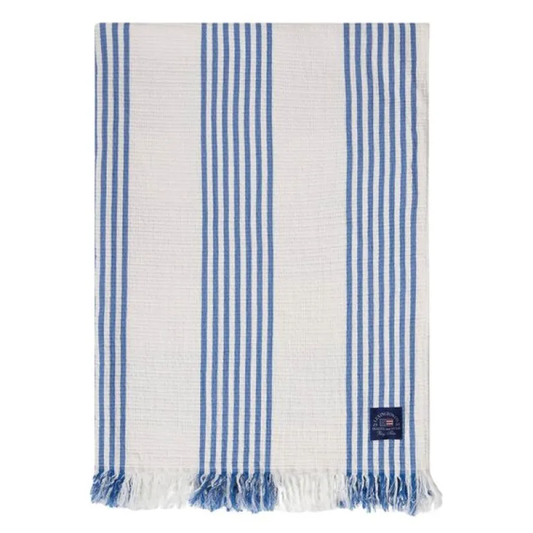 Bomullspledd 170x130 cm stripet/rutete hvit/blå/beige