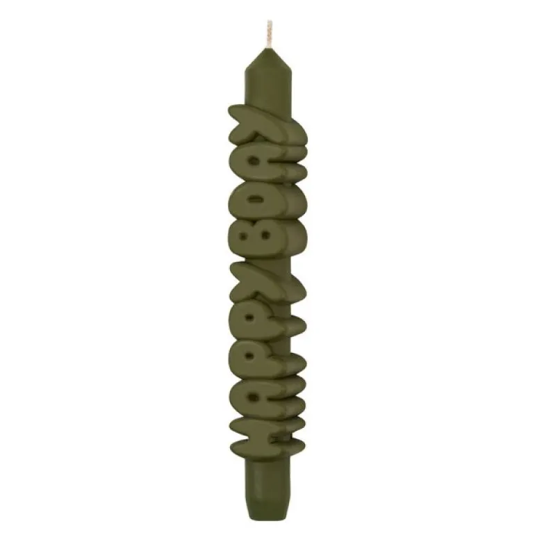 3D kronelys 23 cm HAPPY BDAY olivengrønn
