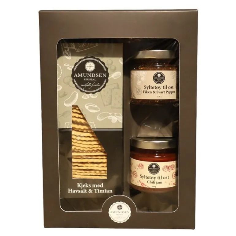 Gaveeske med kjeks, chili jam og fiken syltetøy