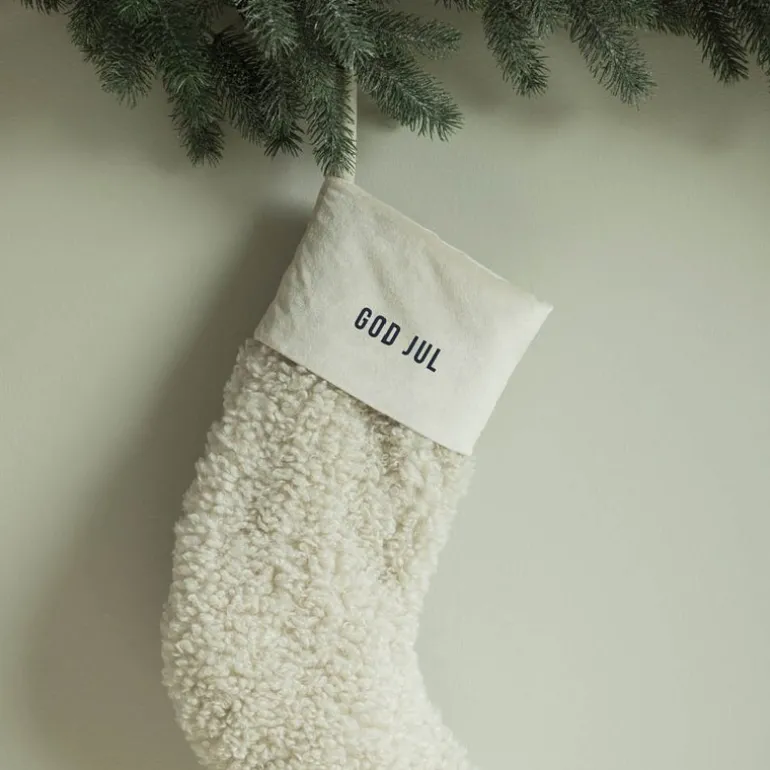 Julesokk teddy 35 cm GOD JUL kremhvit