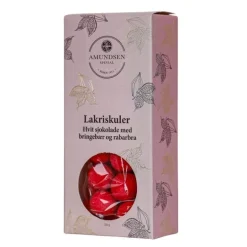 Lakriskuler 130 g hvit sjokolade m/bringebær og rabarbra