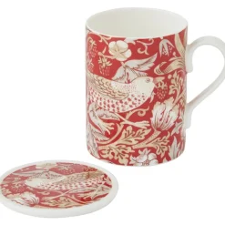 Morris & Co kopp og coaster-sett Strawberry Thief Indian Red