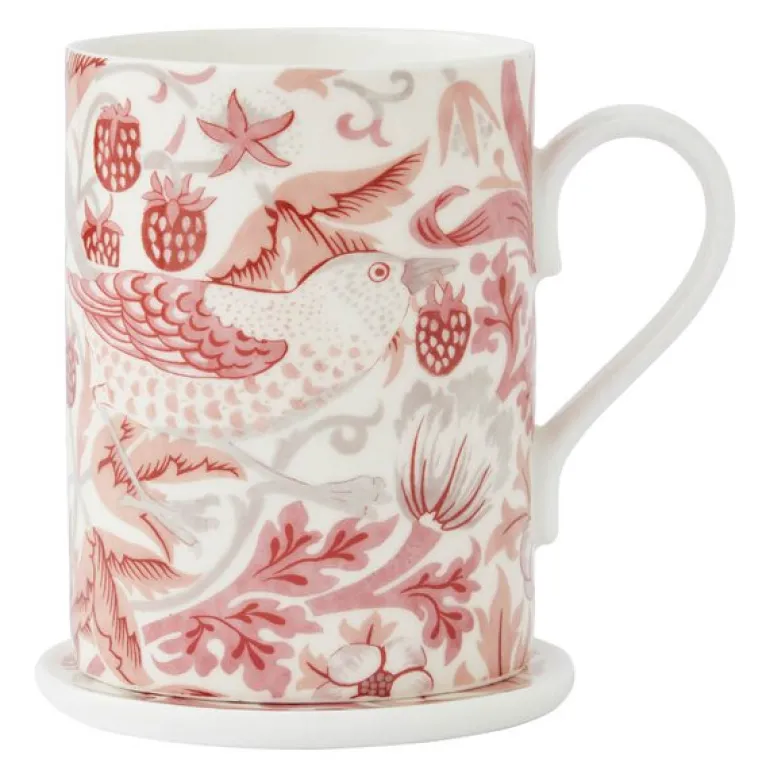 Morris & Co kopp og coaster-sett Strawberry Thief Madder