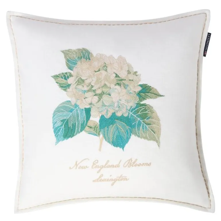 Putetrekk lin/bomull 50x50 cm blomsterbrodert hvit/grønn