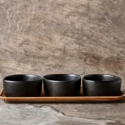 RAW Titanium Black organic skålsett 3 stk m/teakbrett 14x32,5 cm