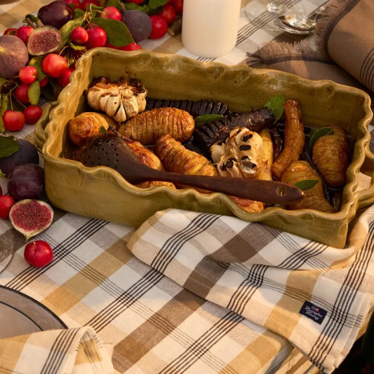Rutete lin/bomulls duk 150x350 cm oliven/hvit/beige