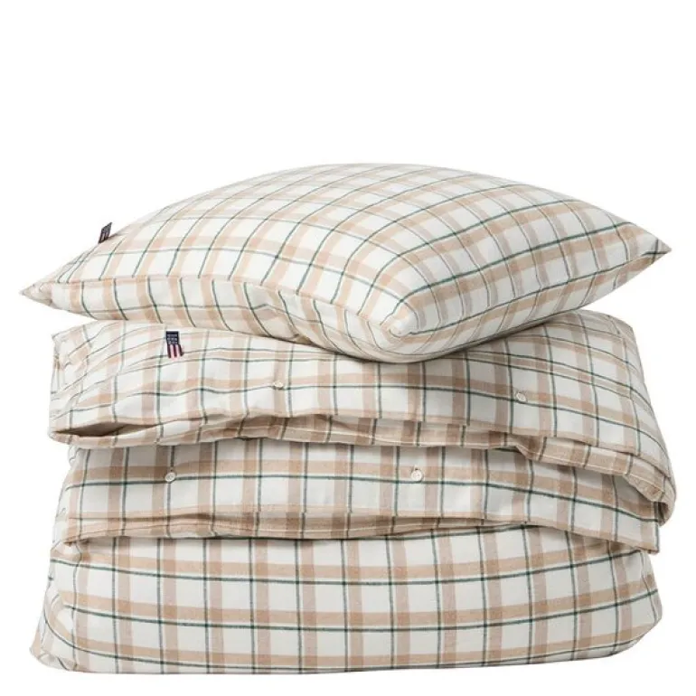 Sengesett flanell 200x220 cm rutete grønn/beige/hvit