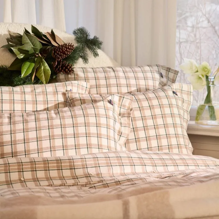 Sengesett flanell 200x220 cm rutete grønn/beige/hvit