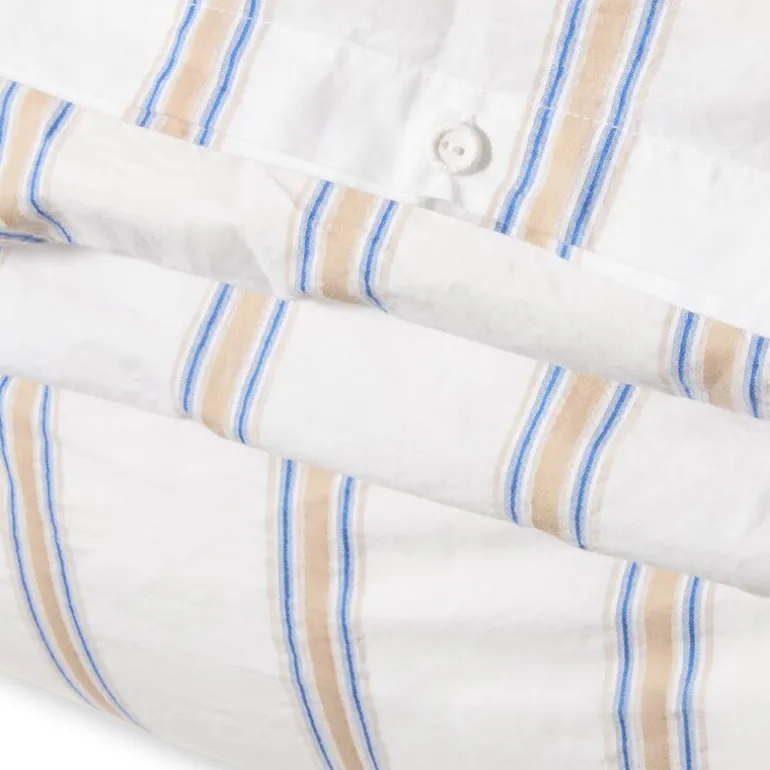 Sengesett 220x140 cm bomullspercale stripete hvit/blå/beige