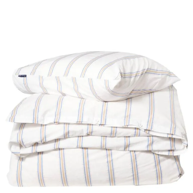 Sengesett 220x140 cm bomullspercale stripete hvit/blå/beige