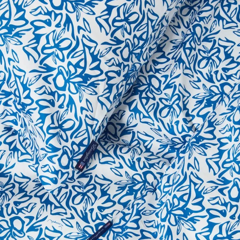 Sengesett 220x140 cm sateng blomstrete blå/hvit