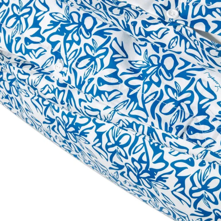 Sengesett 220x140 cm sateng blomstrete blå/hvit