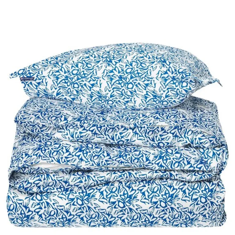 Sengesett 220x140 cm sateng blomstrete blå/hvit