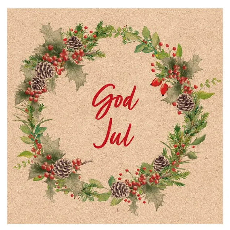 Serviett 33x33 cm 20 stk God Jul julekrans natur