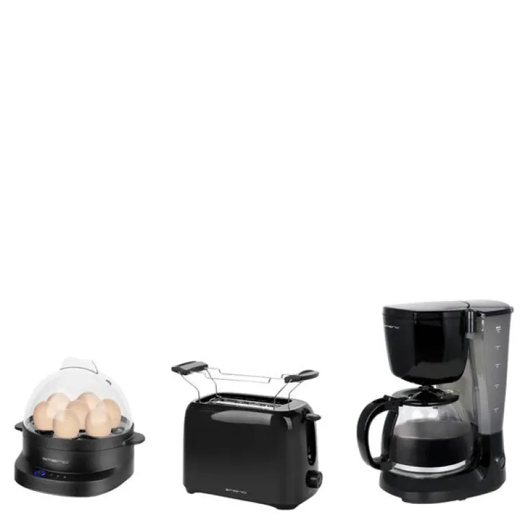 Sett med kaffebrygger, brødrister og eggekoker svart