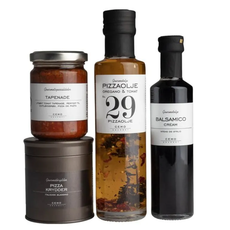 Temapose pizzaolje, krydder, tapenade og balsamico