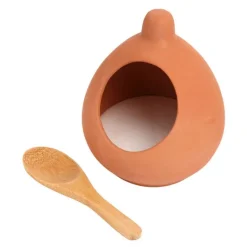 Terracotta saltkar med skje 9 cm