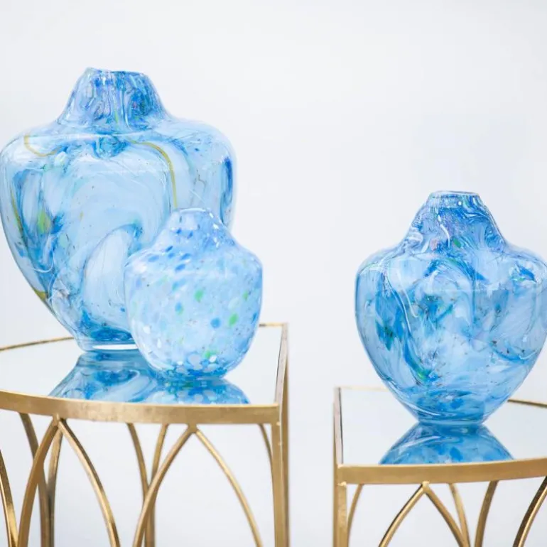 Unik skulptur kunstglass L 17 cm blå multi